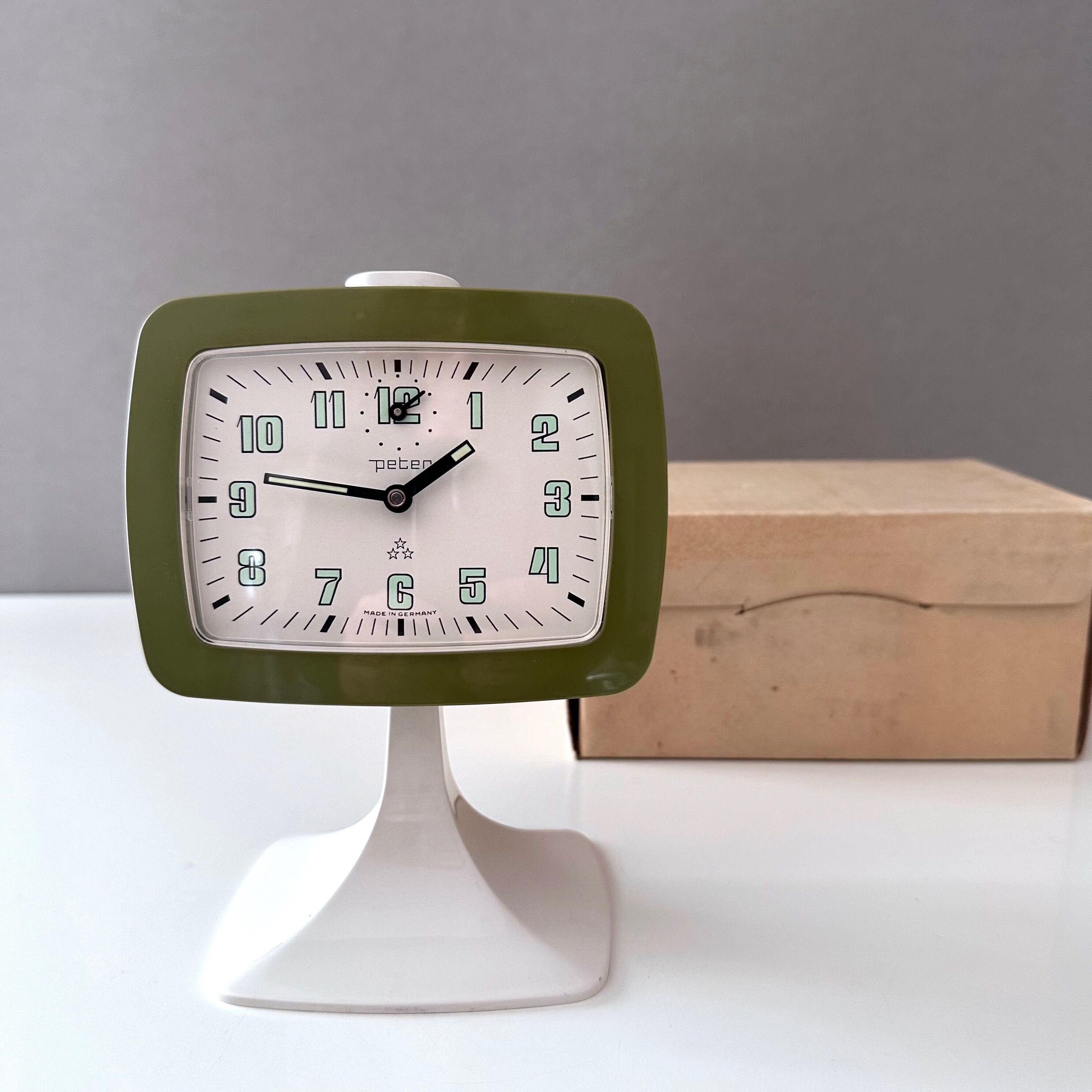 Green Space Age alarm clock with base by "Peter Germany",  NOS, 70's interior
