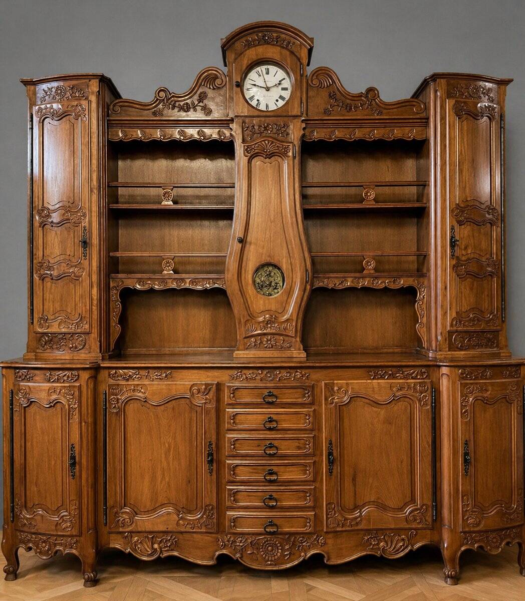 Important buffet deux-corps Louis XV galbé en merisier avec horloge intégré
