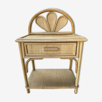 Vintage bedside table in braided rattan and bamboo