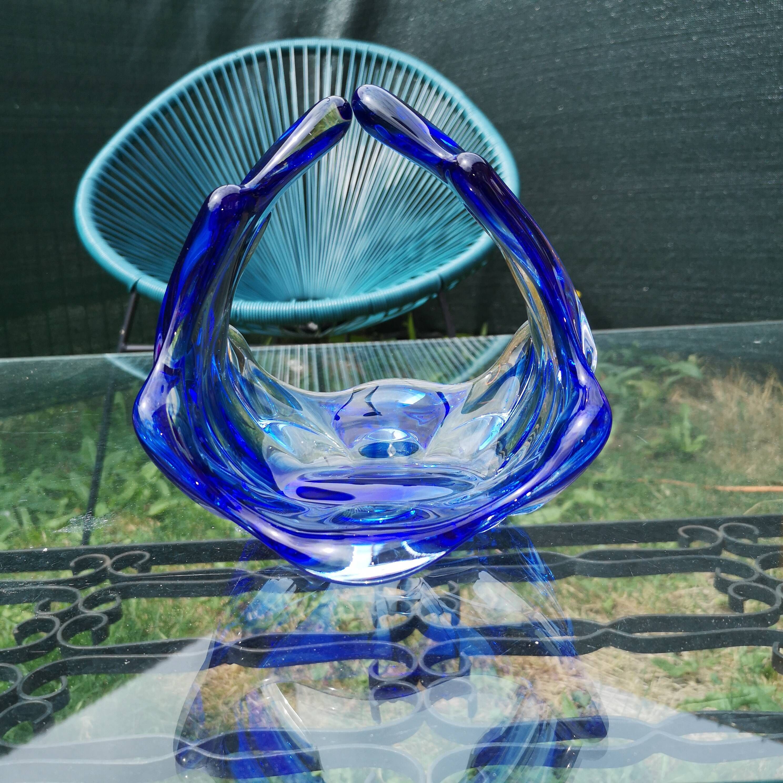 Murano Blown Glass Pocket or Basket - Cobalt Blue and White