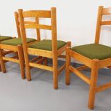 Set of 4 vintage chairs in pine and khaki green bouclette fabric from the 70s