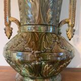 Vase amphore ancien en barbotine – Faïence décor grec antique – Signé 0E V