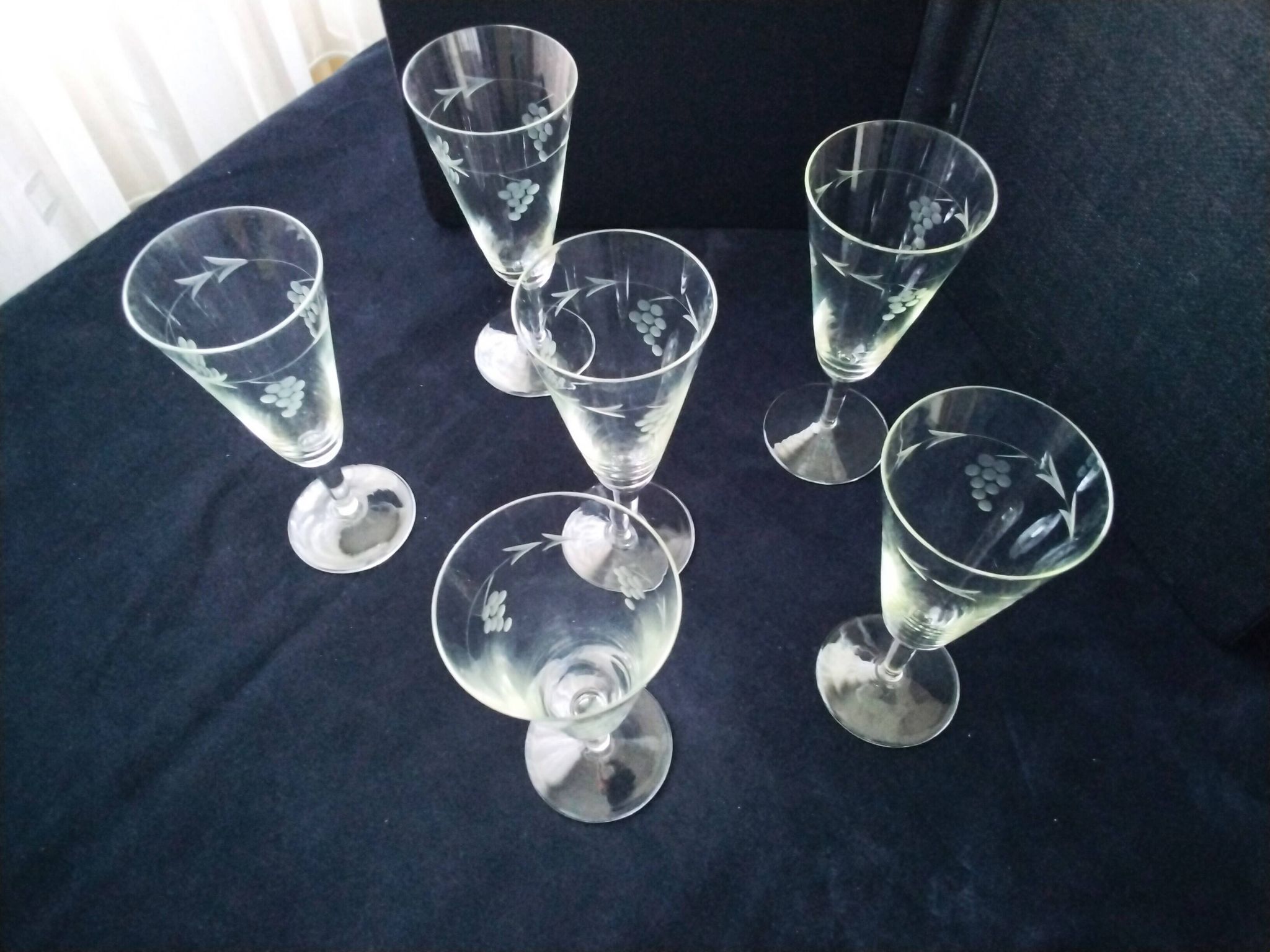 6 vintage engraved crystal champagne flutes