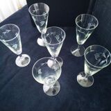 6 Vintage Crystal Champagne Flutes. Engraved Decor