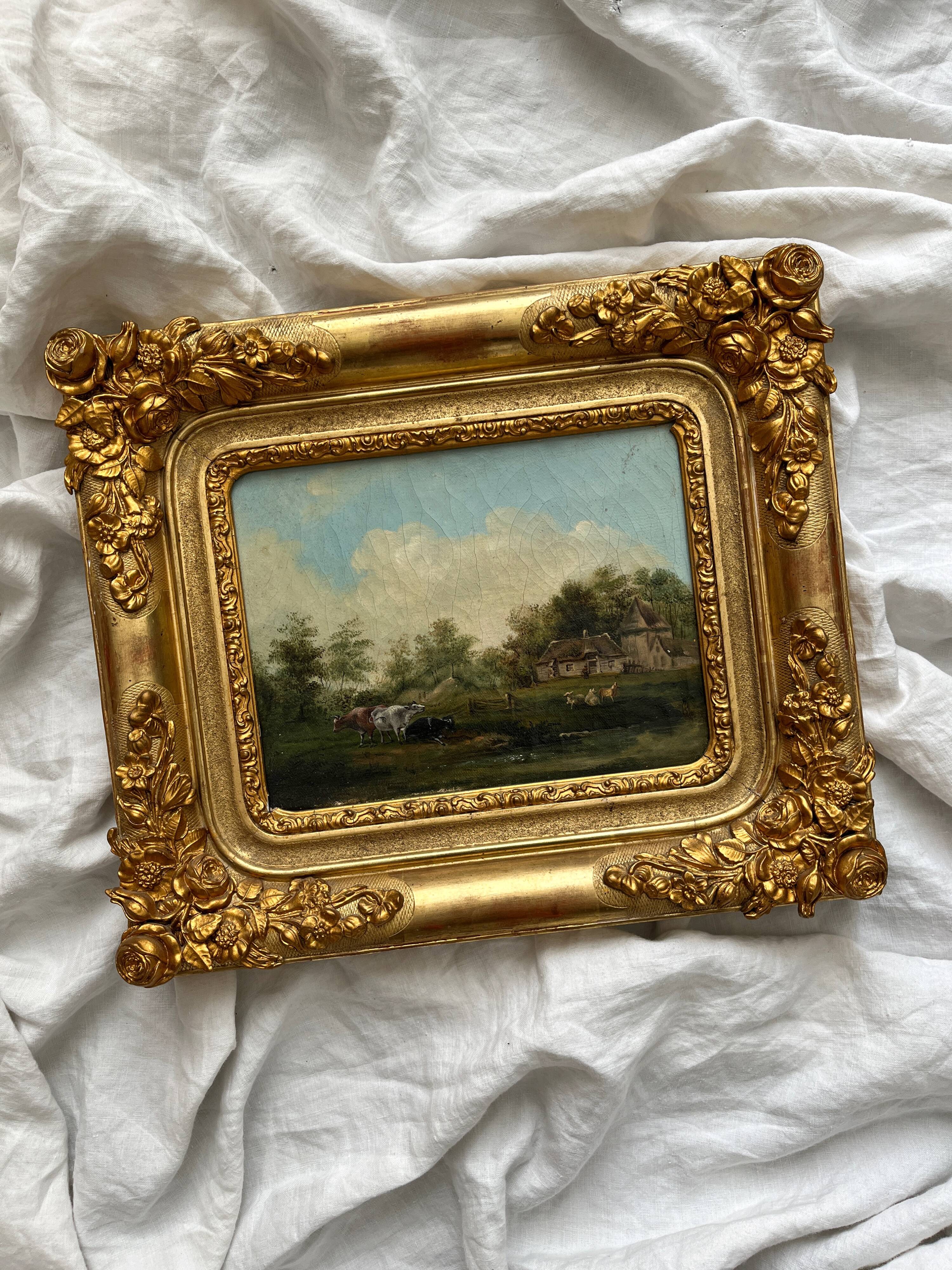 Old oil painting on canvas countryside landscape 19th