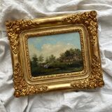 Old oil painting on canvas countryside landscape 19th