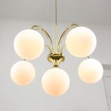 Vintage Golden & Opaline Glass 5-Arm Chandelier, 70s