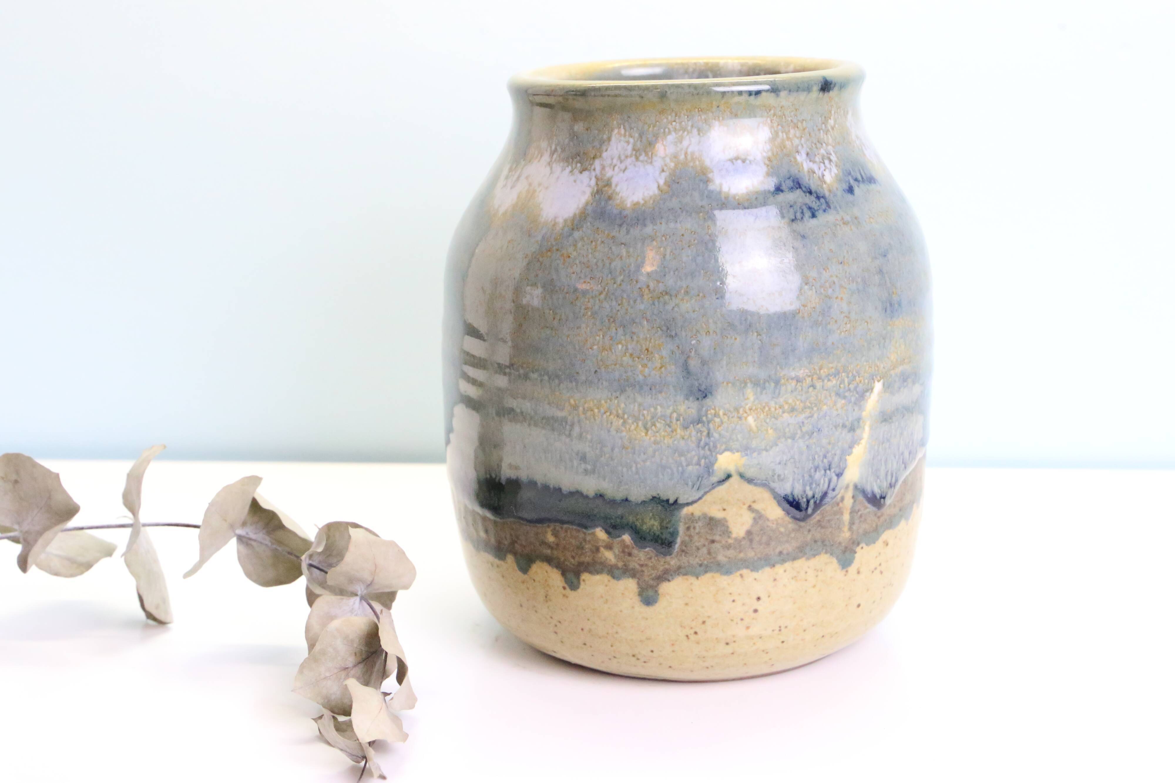 Large enamelled stoneware pot, Taizé pottery, blue and beige, vintage