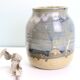 Large enamelled stoneware pot, Taizé pottery, blue and beige, vintage