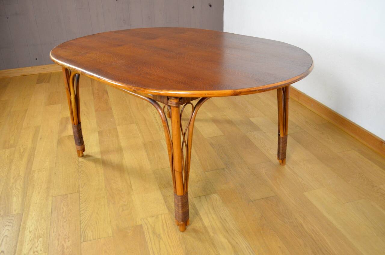 Vintage Oval Bamboo and Rattan Dining Table 1980