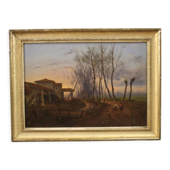 Peinture antique paysage de campagne du 19ème siècle