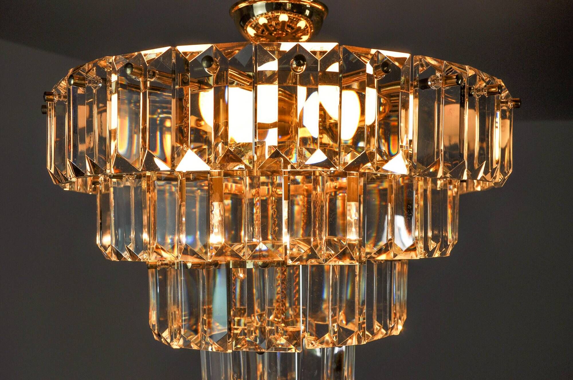 Kinkeldey chandelier, gold, cut glass, 4 levels, Germany, 1970