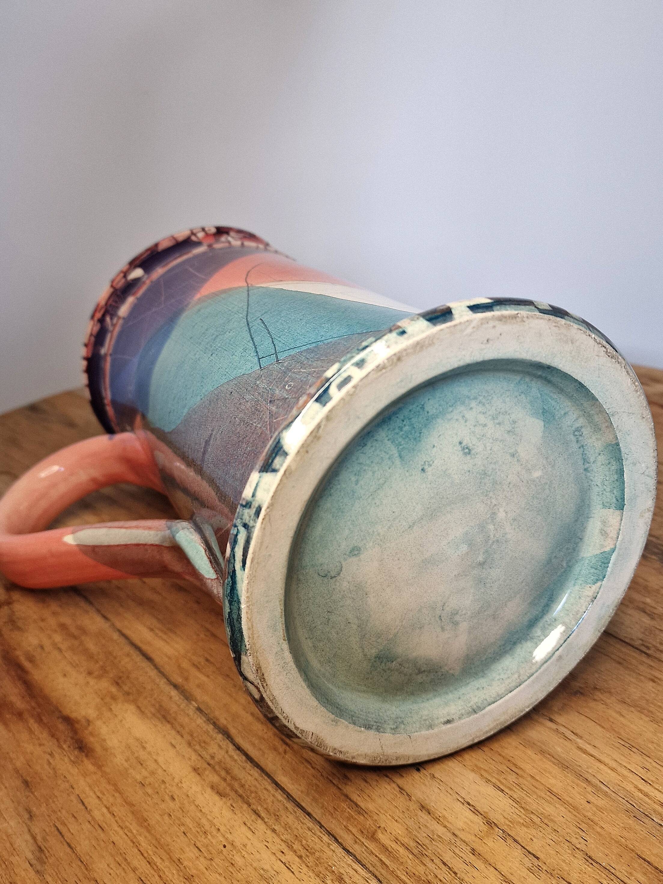 Large sculptural ceramic pitcher by a signed artist – abstract decoration