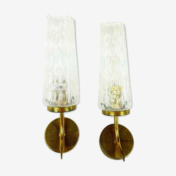 Pair of gold metal appliques and moulded glass design 60s - 70s