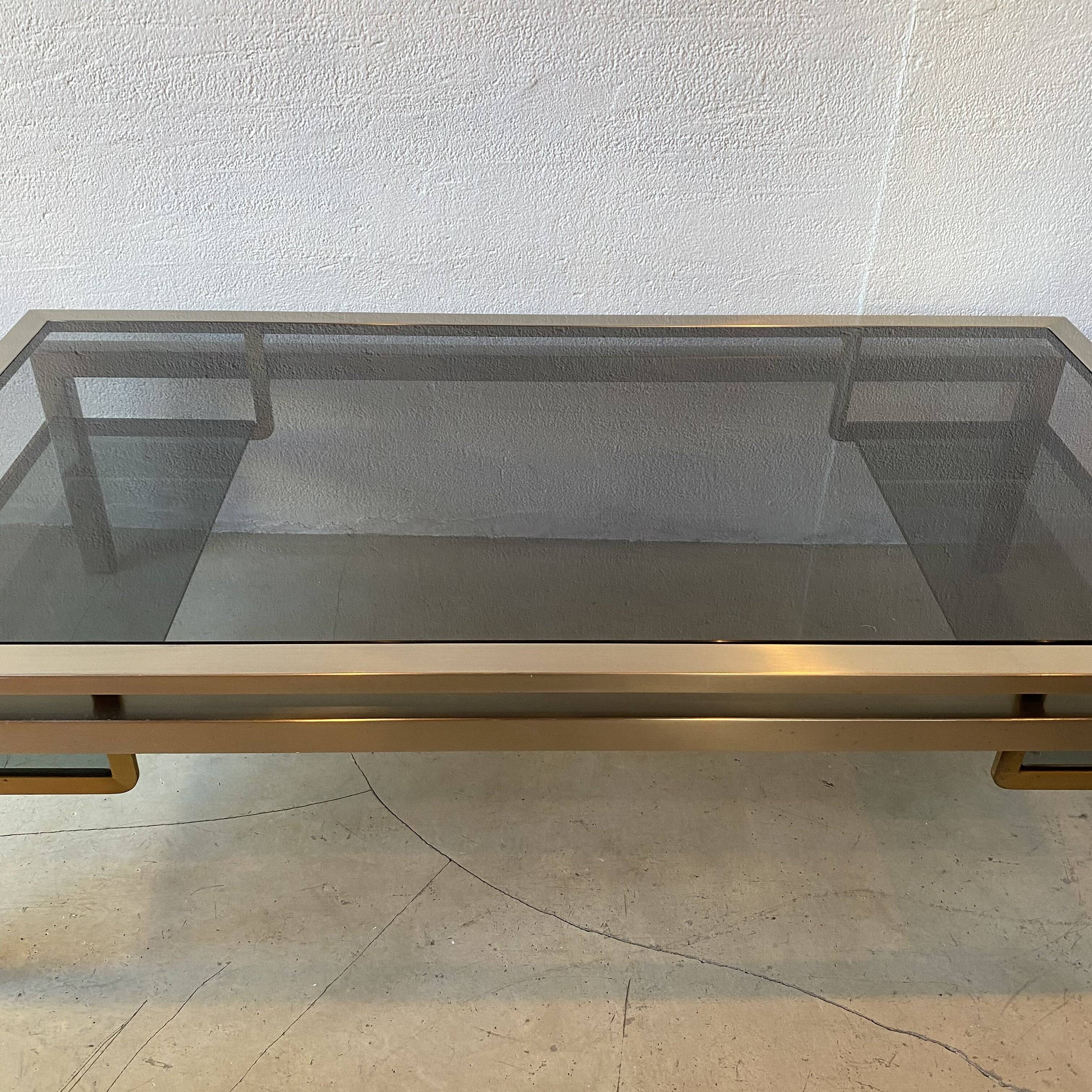 Guy Lefèvre Coffee Table for Maison Jansen, Brushed Steel and Brass