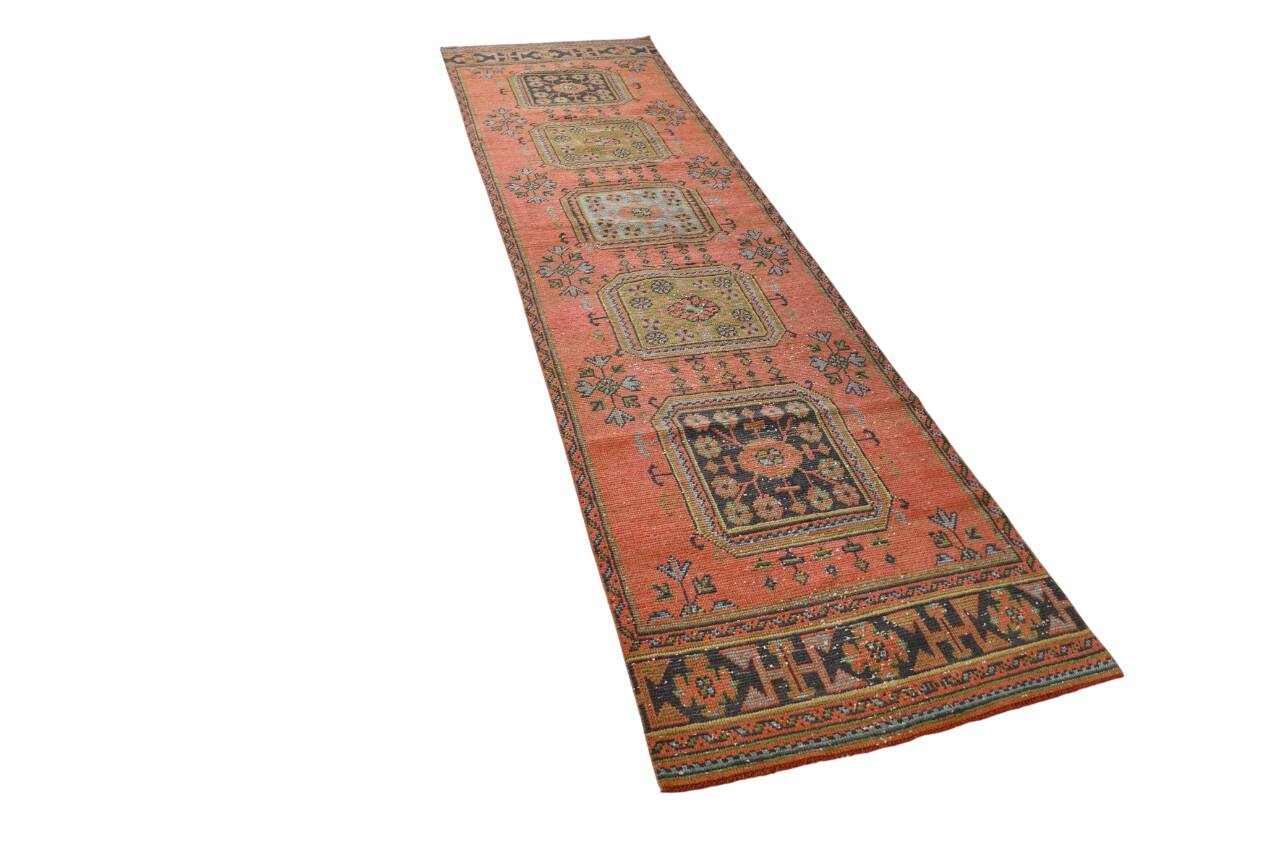3x11 Vintage Terracotta Oriental Pattern Turkish Runner Rug, 89x342Cm