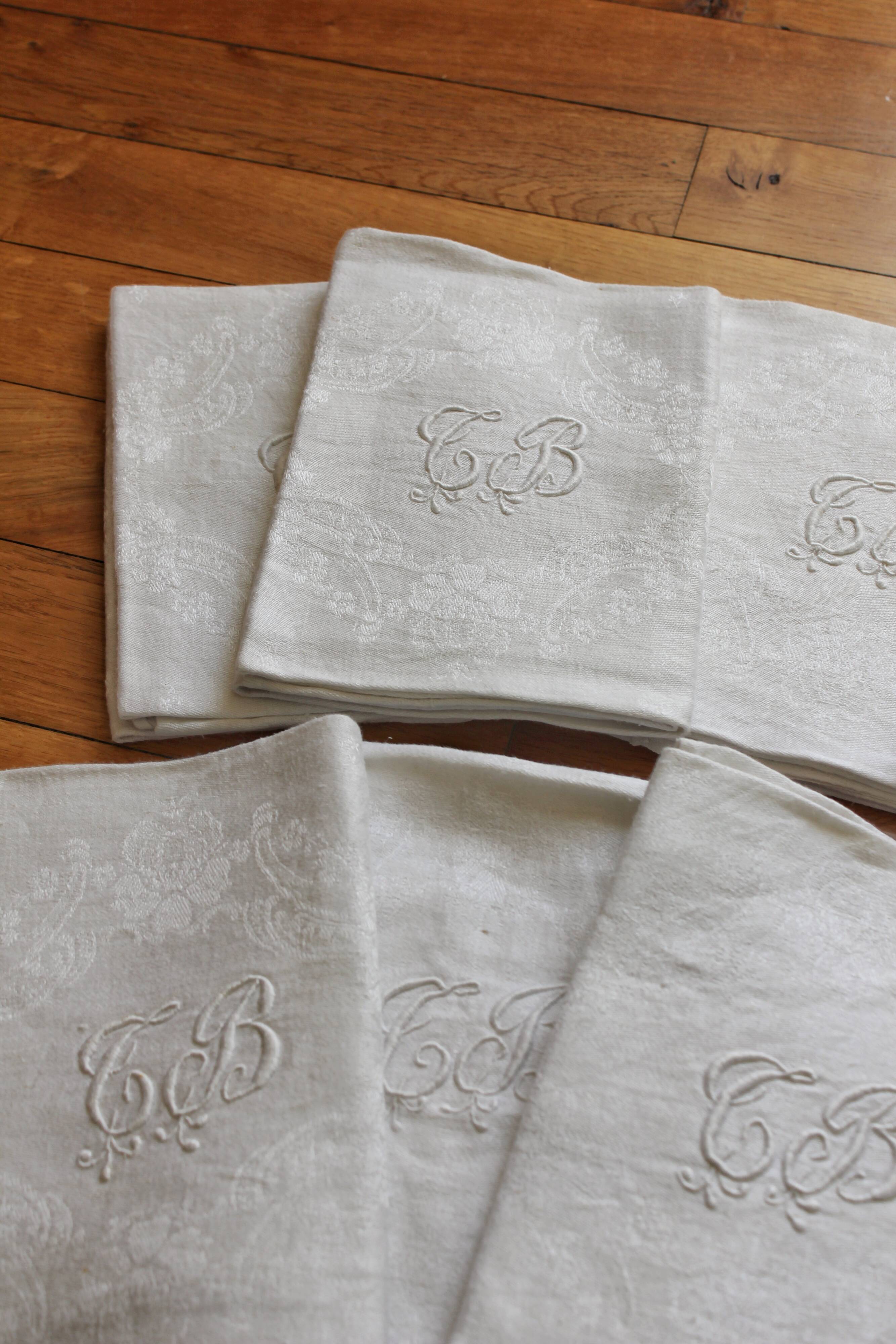 8 antique napkins in monogrammed and damask white linen