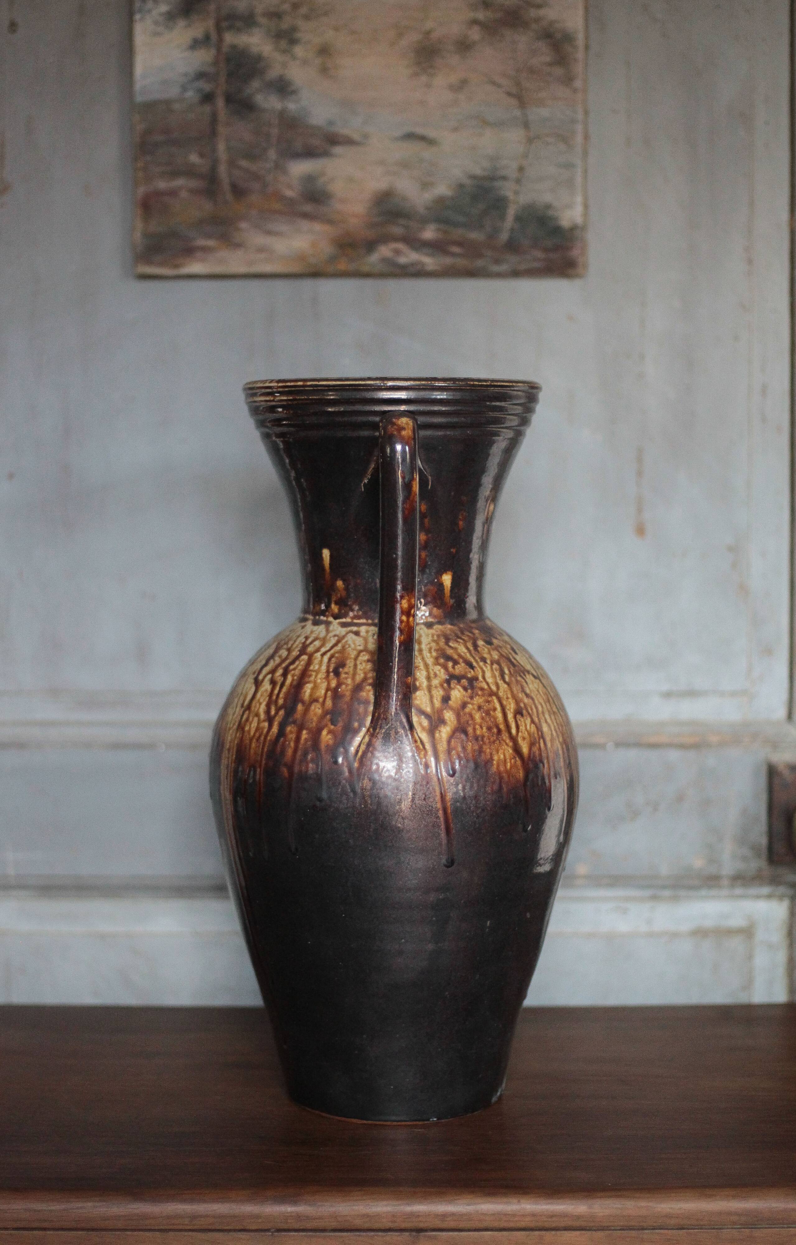 Large stoneware vase from Puisaye, vintage vase, vase with handles, interior decoration
