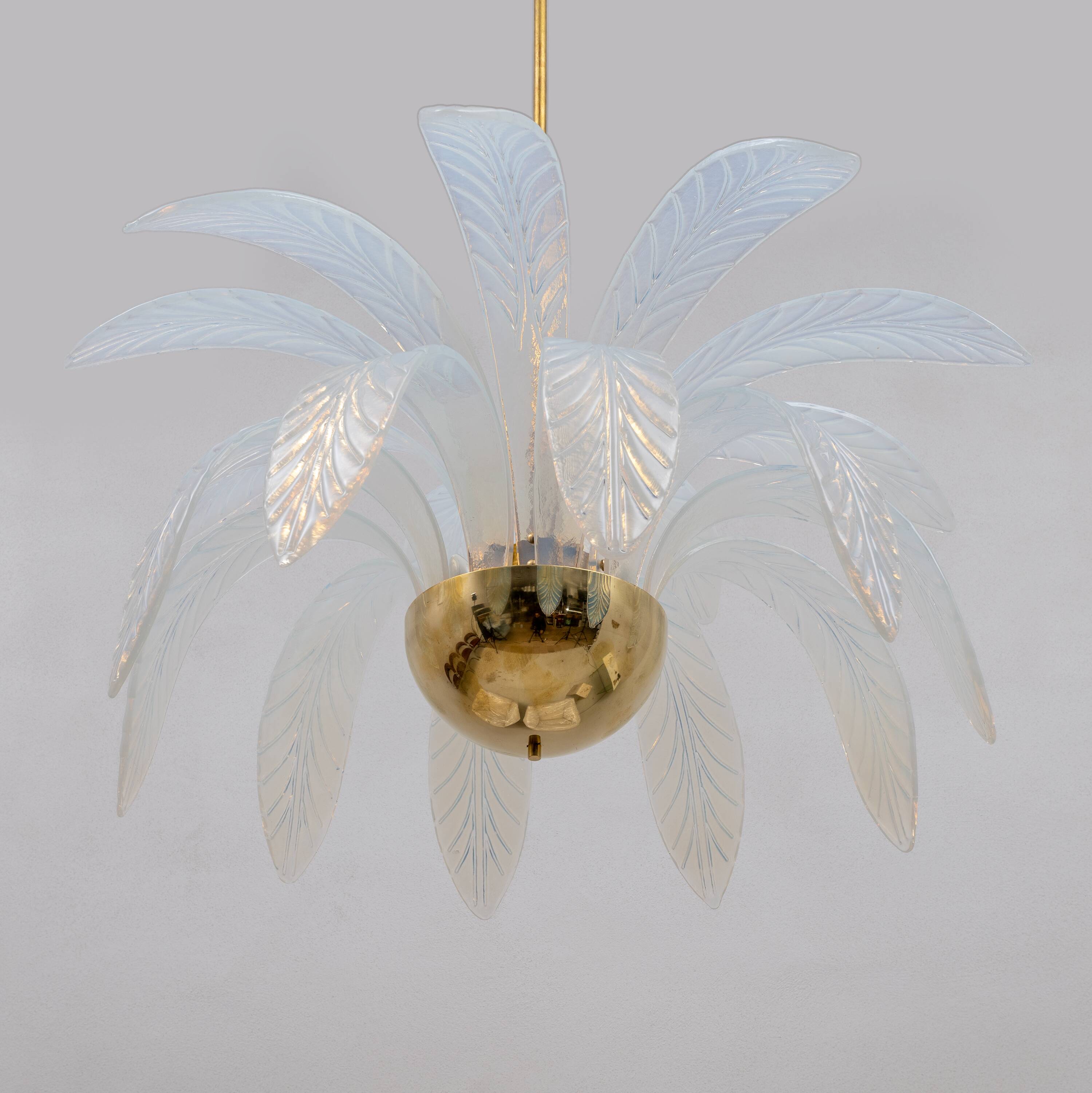 Iridescent Murano Glass and Brass Palm Leaves Chandelier