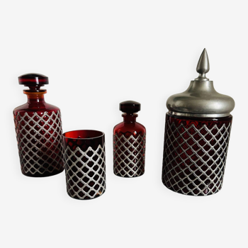 Apothecary, set of bottles, garnish or toiletries Pewter with rose