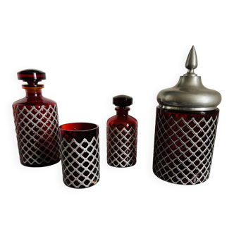 Apothecary, set of bottles, garnish or toiletries Pewter with rose