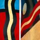 Room divider in art deco style with birds, geometric patterns, red, yellow, blue