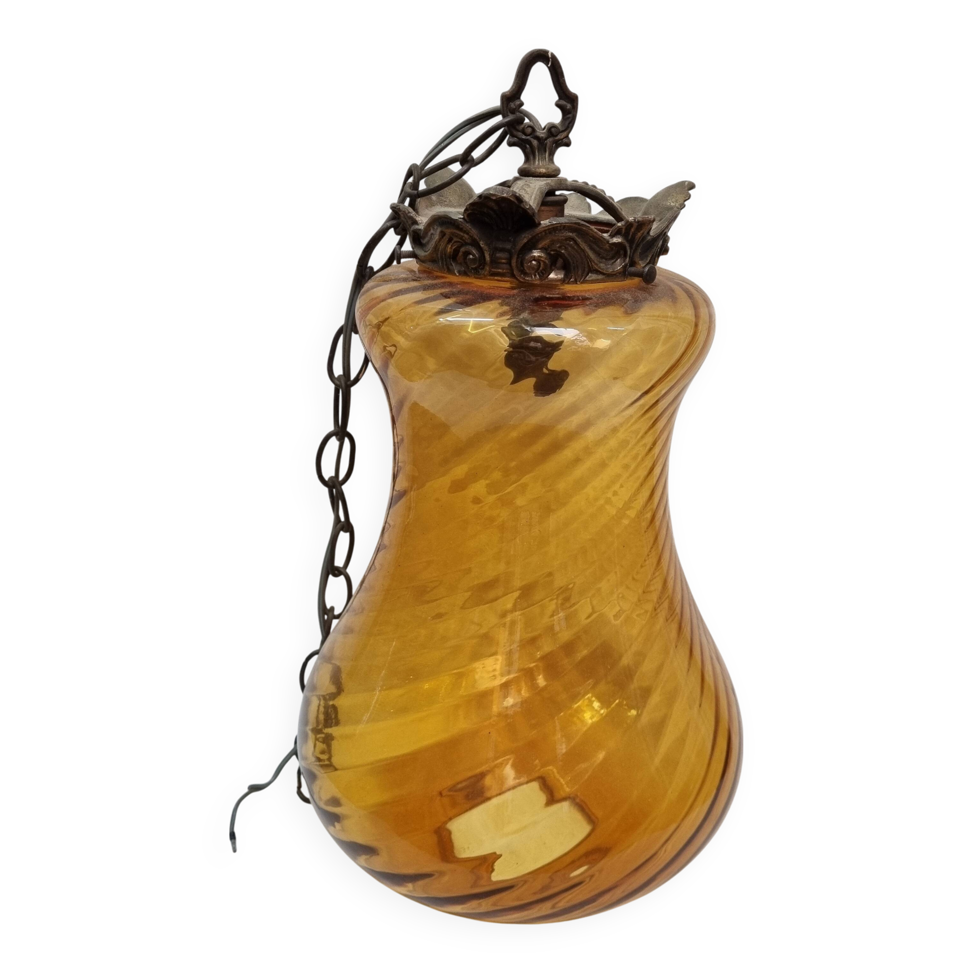 1960 amber glass & bronze pendant light