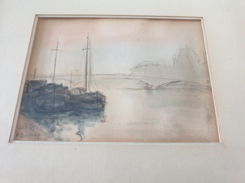 André Duculty (1912-1990) Charcoal and watercolor on paper "Evening mist on the Seine" Signed below