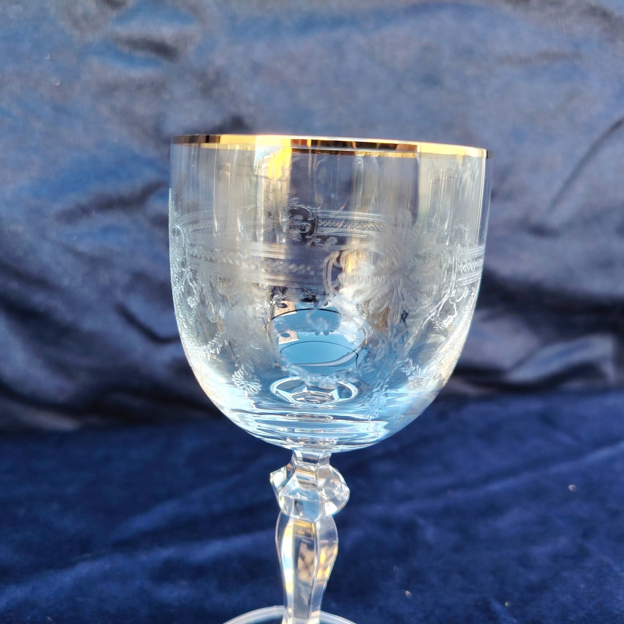 Six vintage wine glasses, cut crystal, gold rim