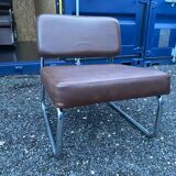 Vintage low cantilever armchair – Brown faux leather & tubular frame