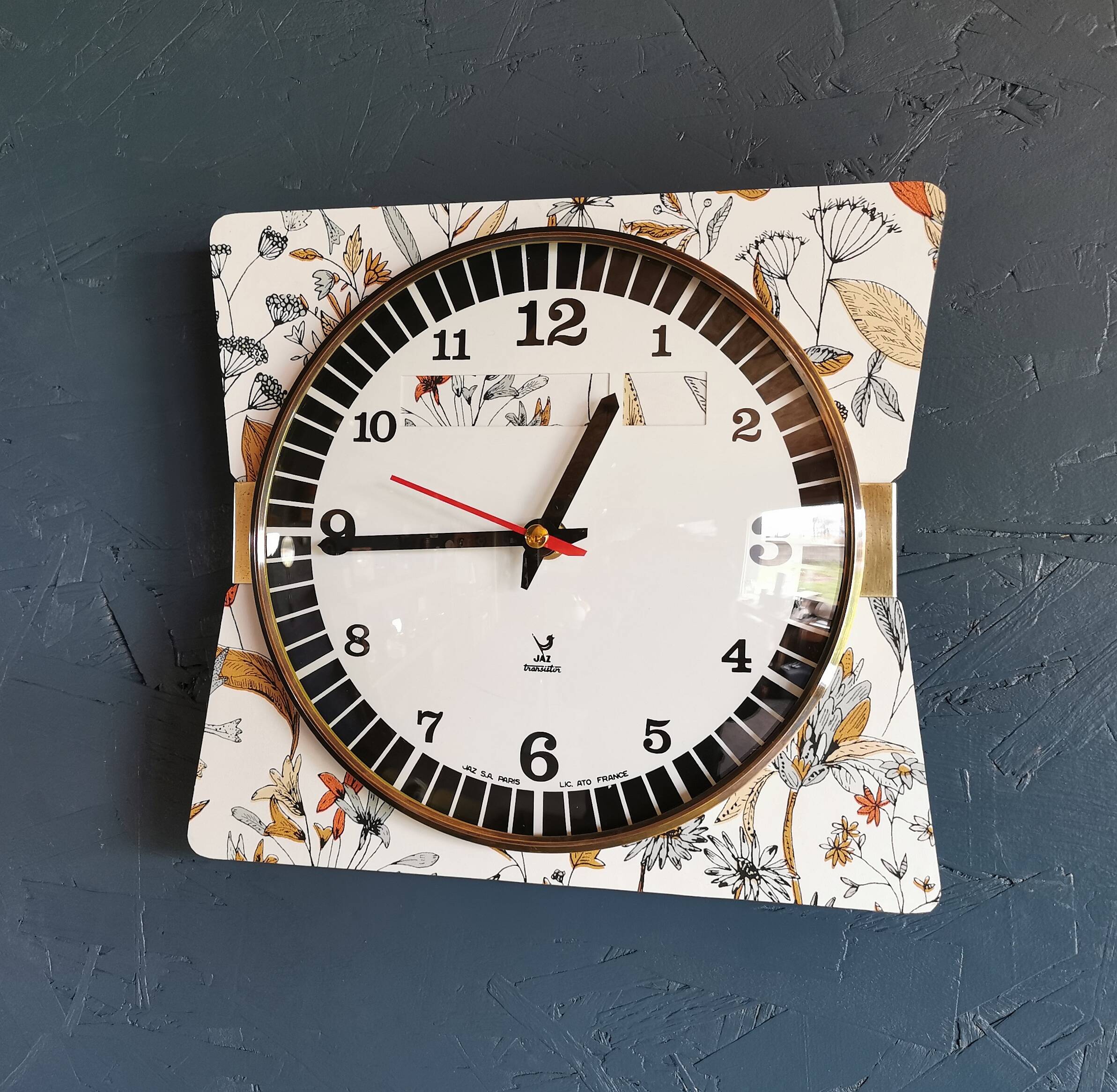 Vintage formica clock silent wall pendulum 60s "Jaz flowers"