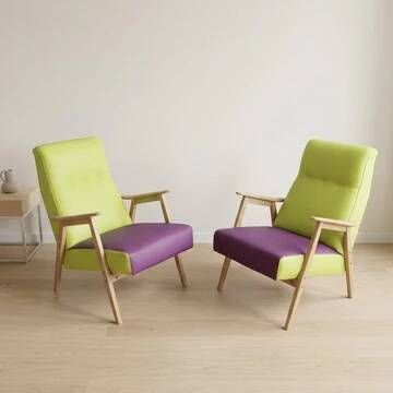 Pair of restored vintage armchairs, green and purple upholstery