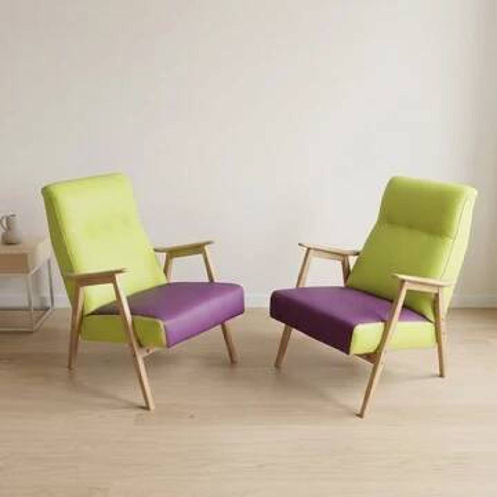 Pair of restored vintage armchairs, green and purple upholstery