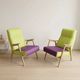Pair of restored vintage armchairs, green and purple upholstery