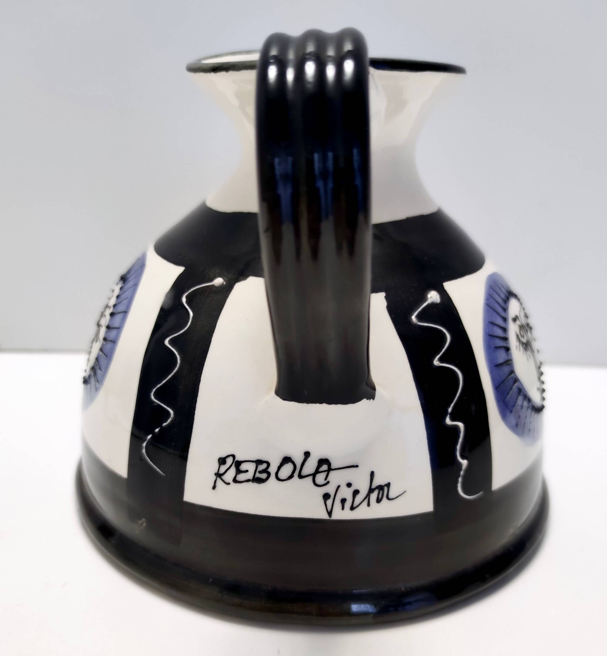 White, Black and Blue Hand-Painted Ceramic Jug / Vase