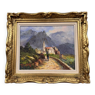 Jacques DUFLOT: oil on canvas painting of a lively mountain village