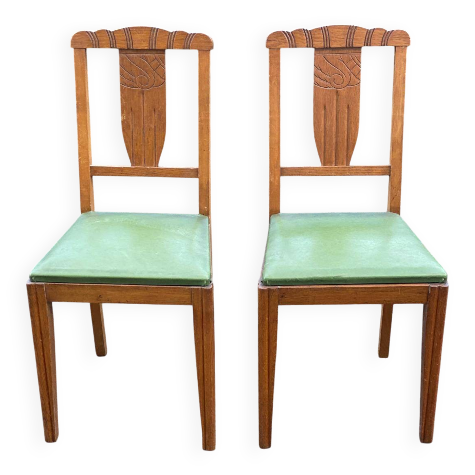 2 art deco dining room chairs in solid wood and green leather