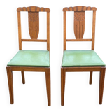 2 art deco dining room chairs in solid wood and green leather