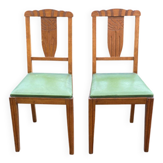 2 art deco dining room chairs in solid wood and green leather