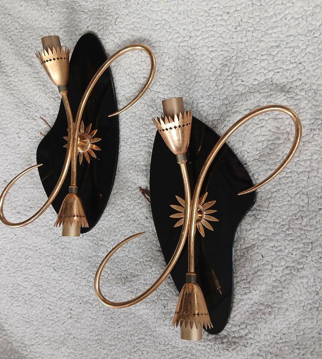Vintage 1950s wall lights, black metal with gilded brass, 50s retro.