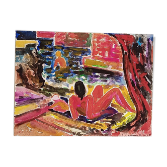 Pierre Lacroux (1909-1993) Gouache - 24 x 32 cm - Reclining Nude - October 85