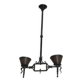 Brutalist wrought iron and copper 2-arm chandelier, 1960s