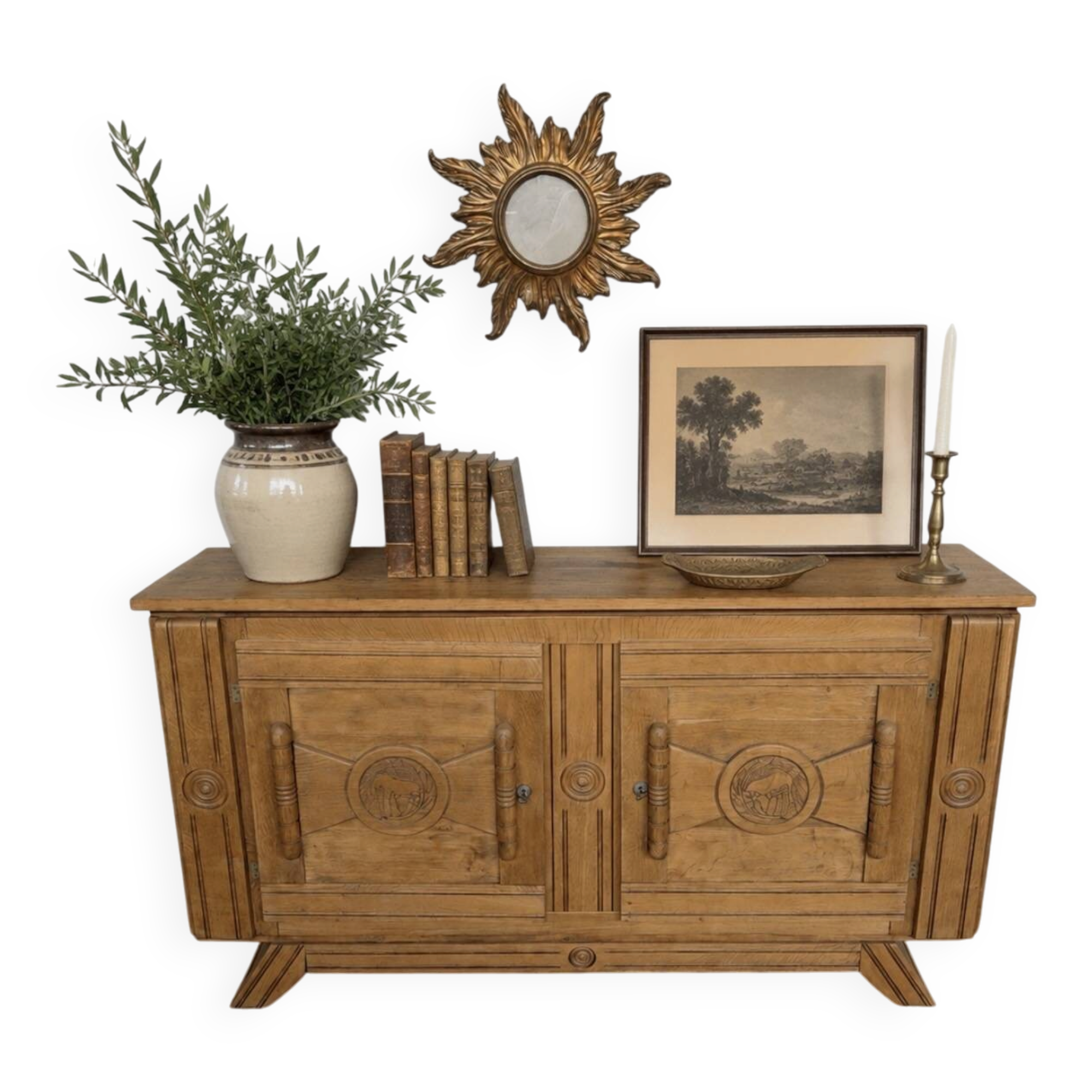 Buffet ancien en chêne massif sculpté – 180 x 48 x 100 cm