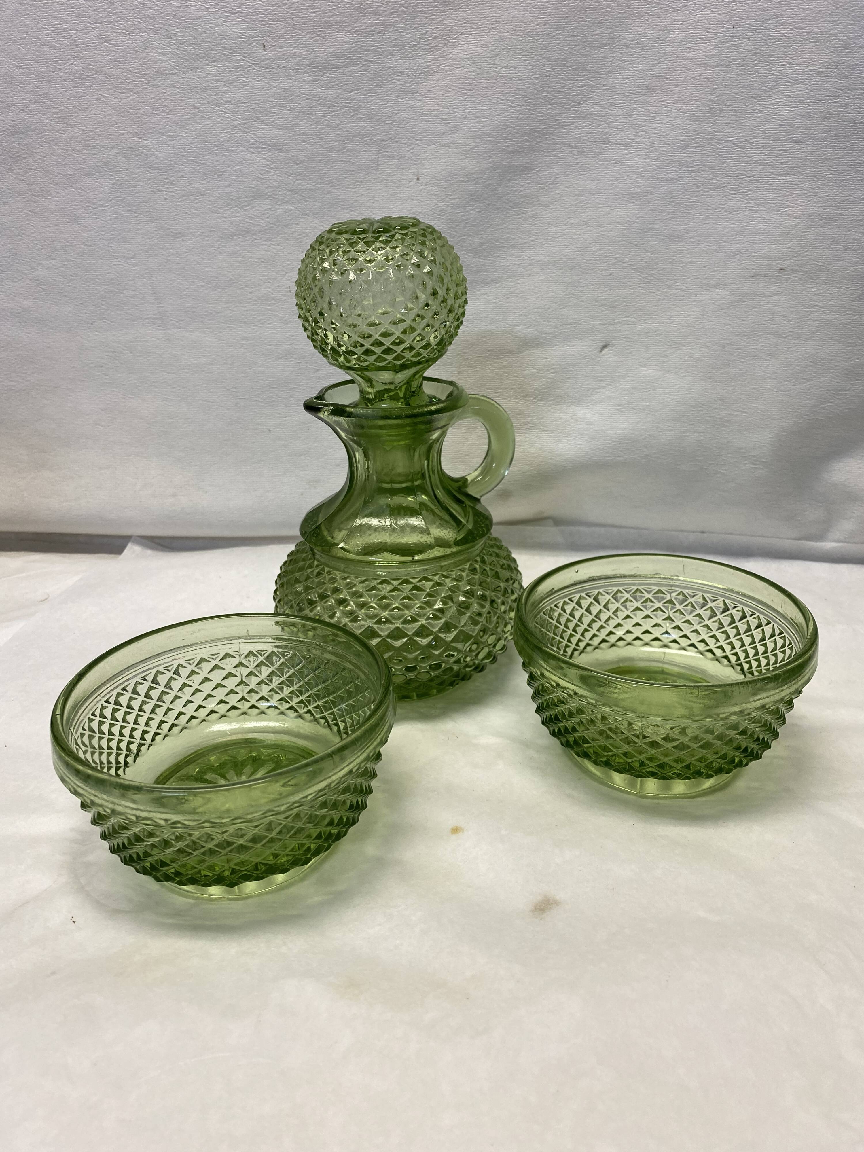 Green glass ramekin pitcher set