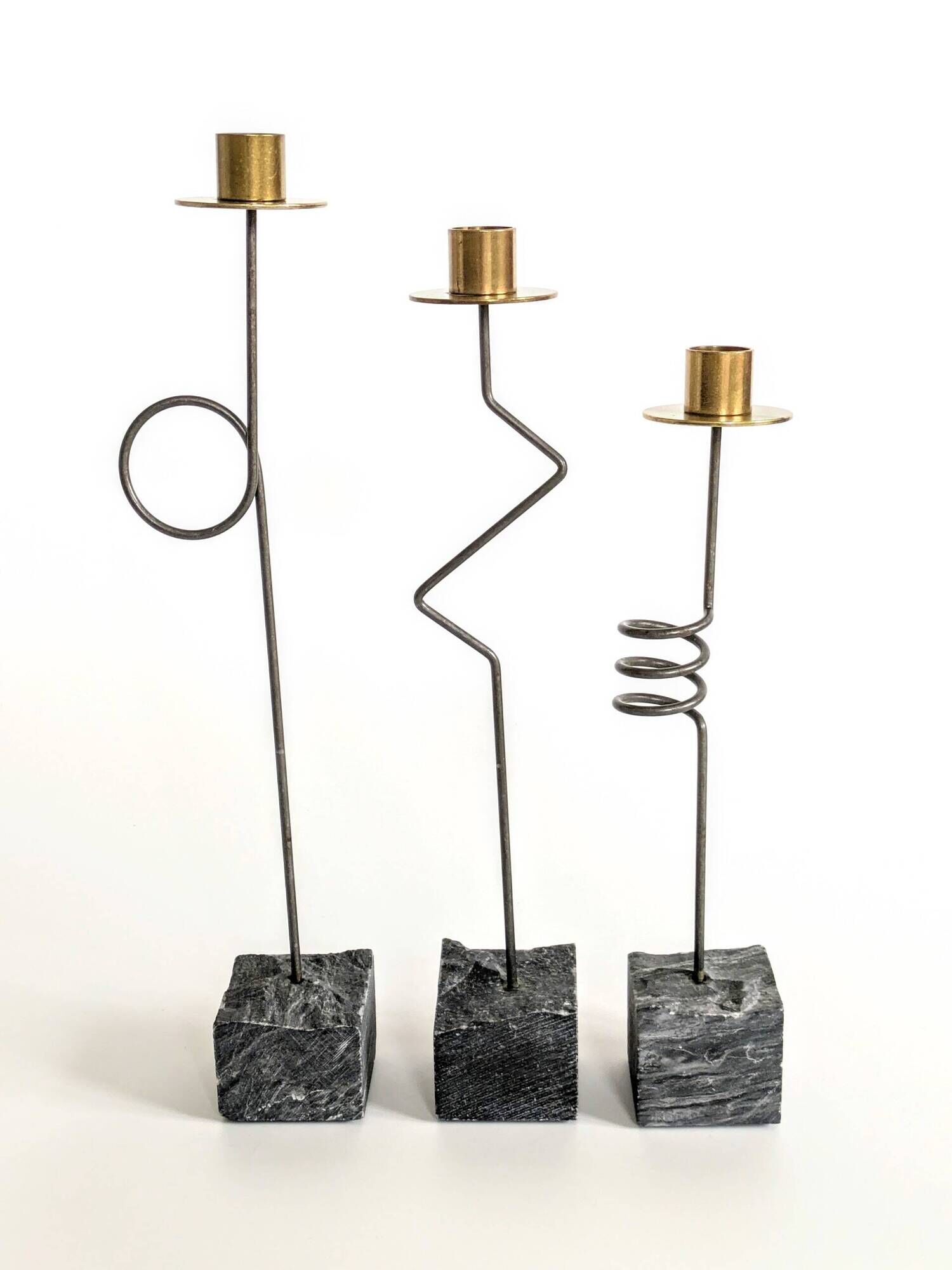 Set of 3 candlesticks | IKEA “Kräsen” from the 1980s | Steel, Brass, Granite