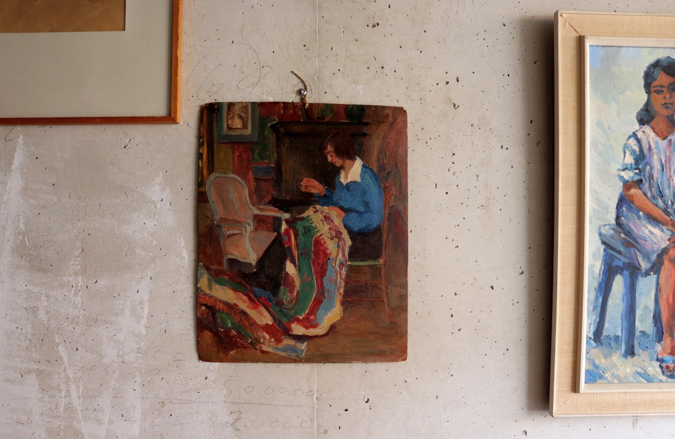 Oil on panel woman weaver