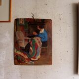 Oil on panel woman weaver