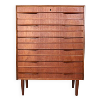 Commode danoise moderne du milieu du siècle à 6 tiroirs, Tallboy en teck, Danemark, 1960