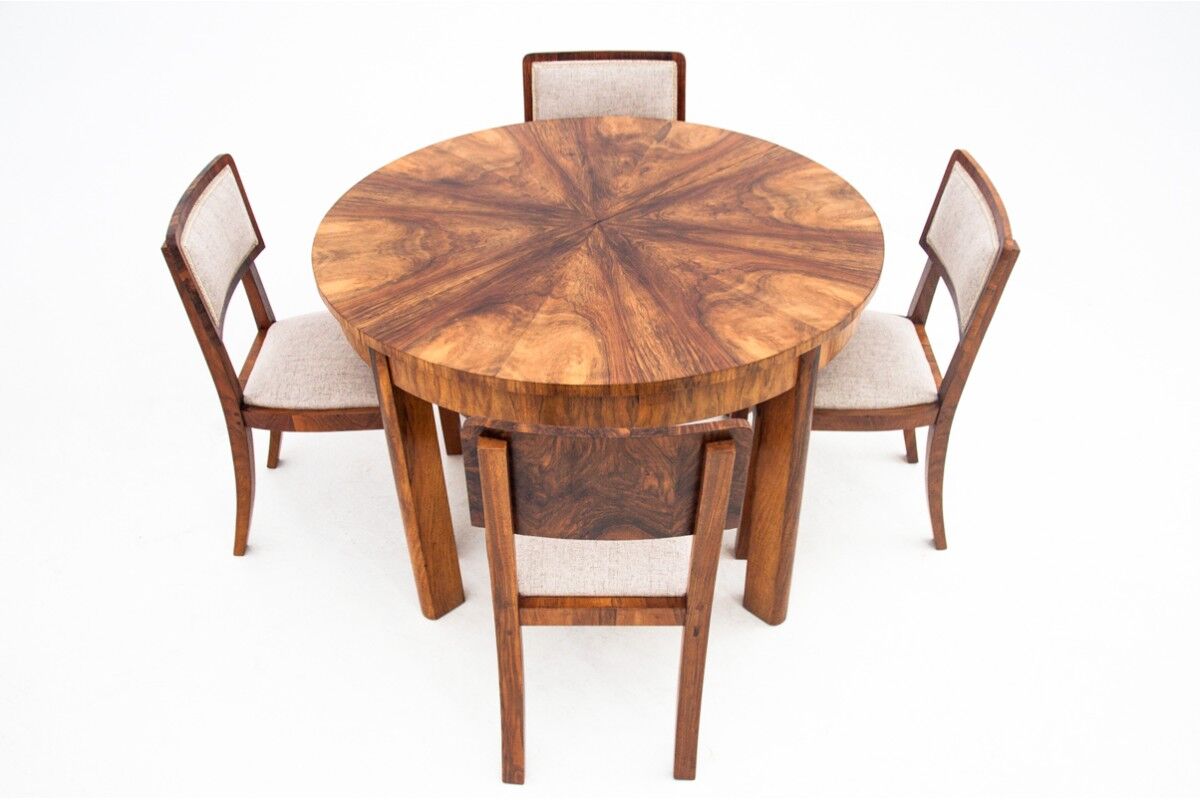 Art Deco dining set, table et 4 chairs, Poland, 1940s