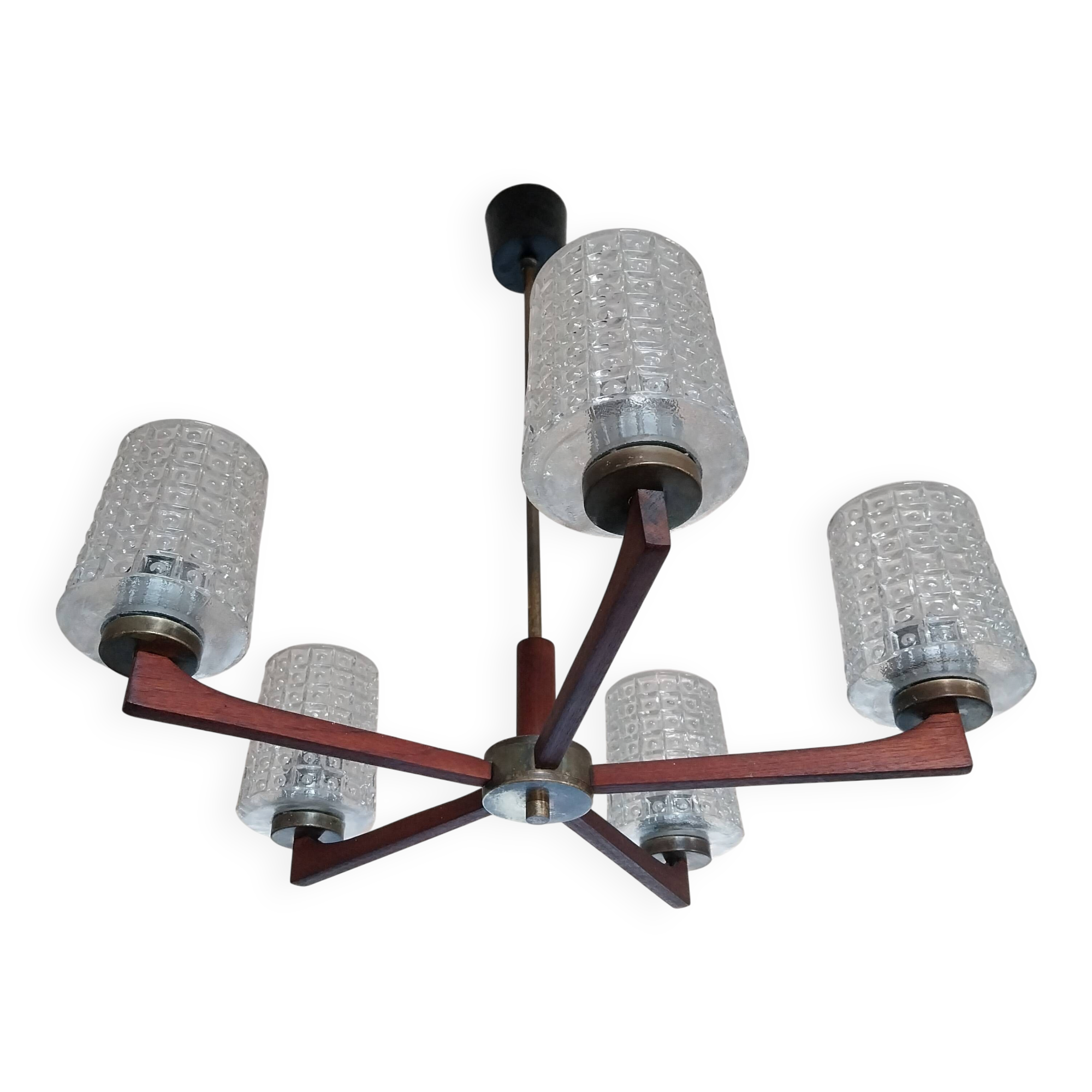 Chandelier with 5 branches in teak and brass, Scandinavian design.